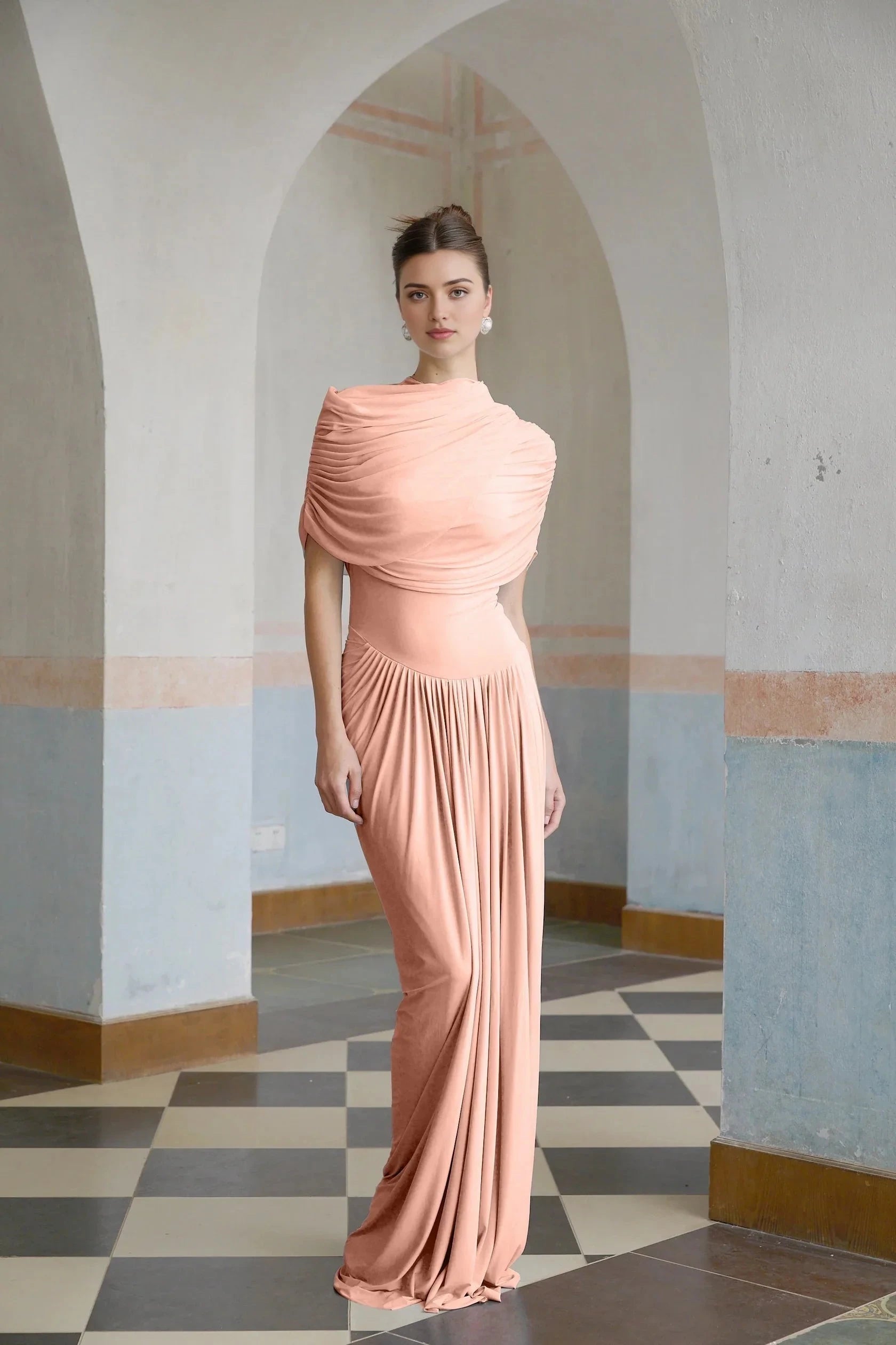 Blush Draped One - Shoulder Maxi Dress asymmetrical pleated maxi dress in Pink Evening Dress by YiHuiw