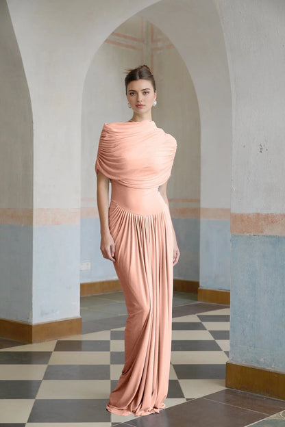 Blush Draped One - Shoulder Maxi Dress asymmetrical pleated maxi dress in Pink Evening Dress by YiHuiw