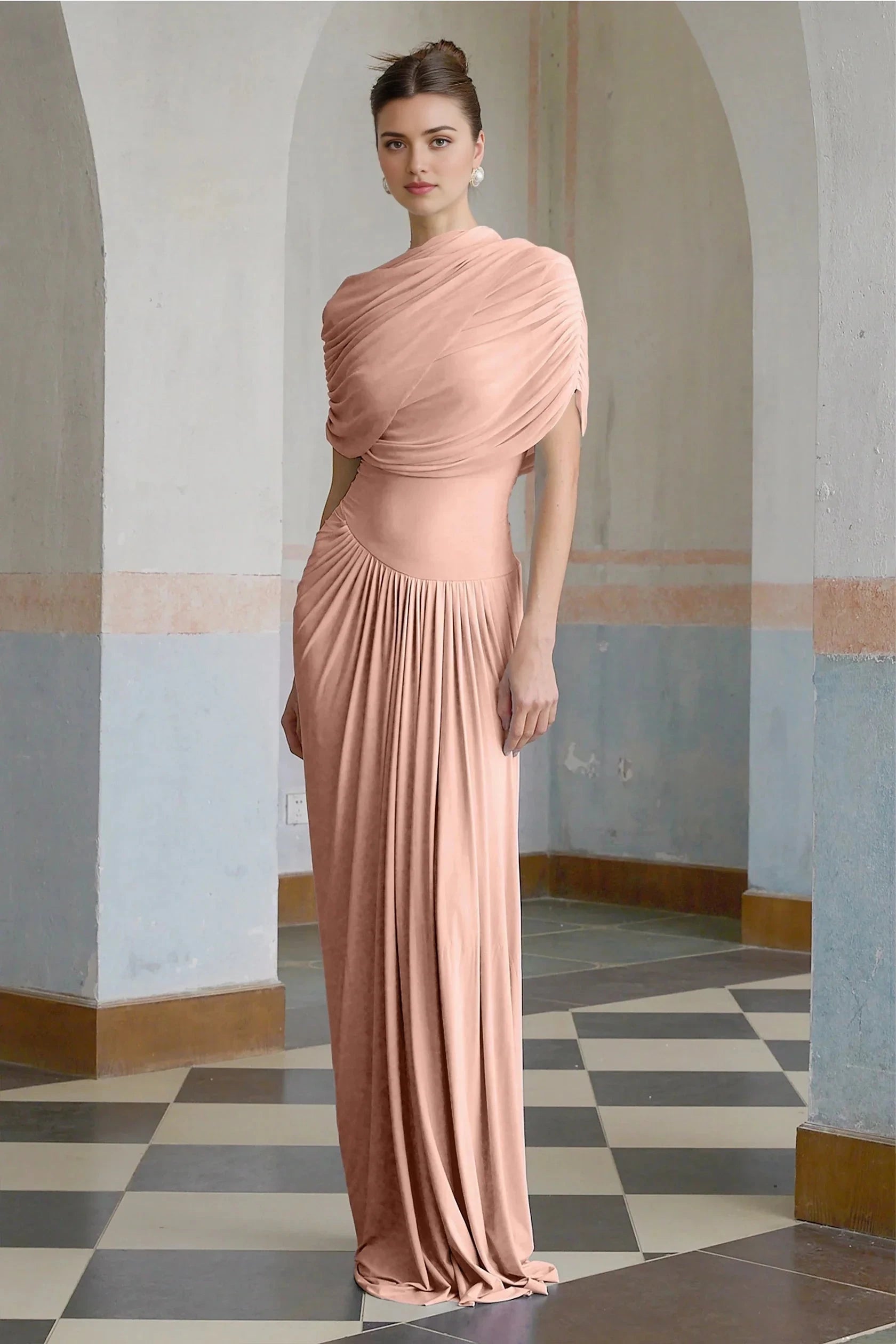 Blush Draped One - Shoulder Maxi Dress asymmetrical pleated maxi dress in Pink Evening Dress by YiHuiw