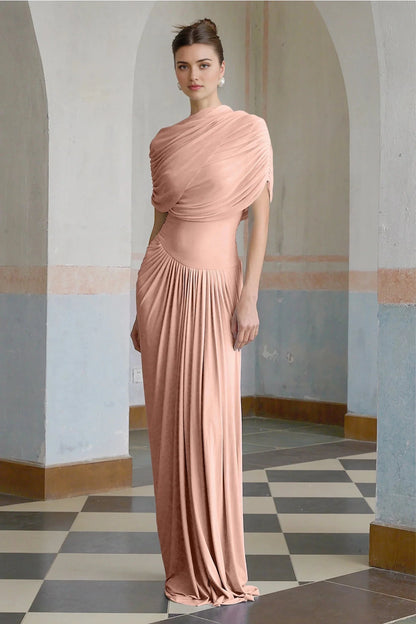 Blush Draped One - Shoulder Maxi Dress asymmetrical pleated maxi dress in Pink Evening Dress by YiHuiw