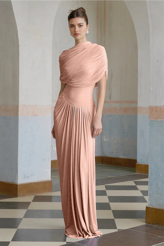 Blush Draped One - Shoulder Maxi Dress asymmetrical pleated maxi dress in Pink Evening Dress by YiHuiw