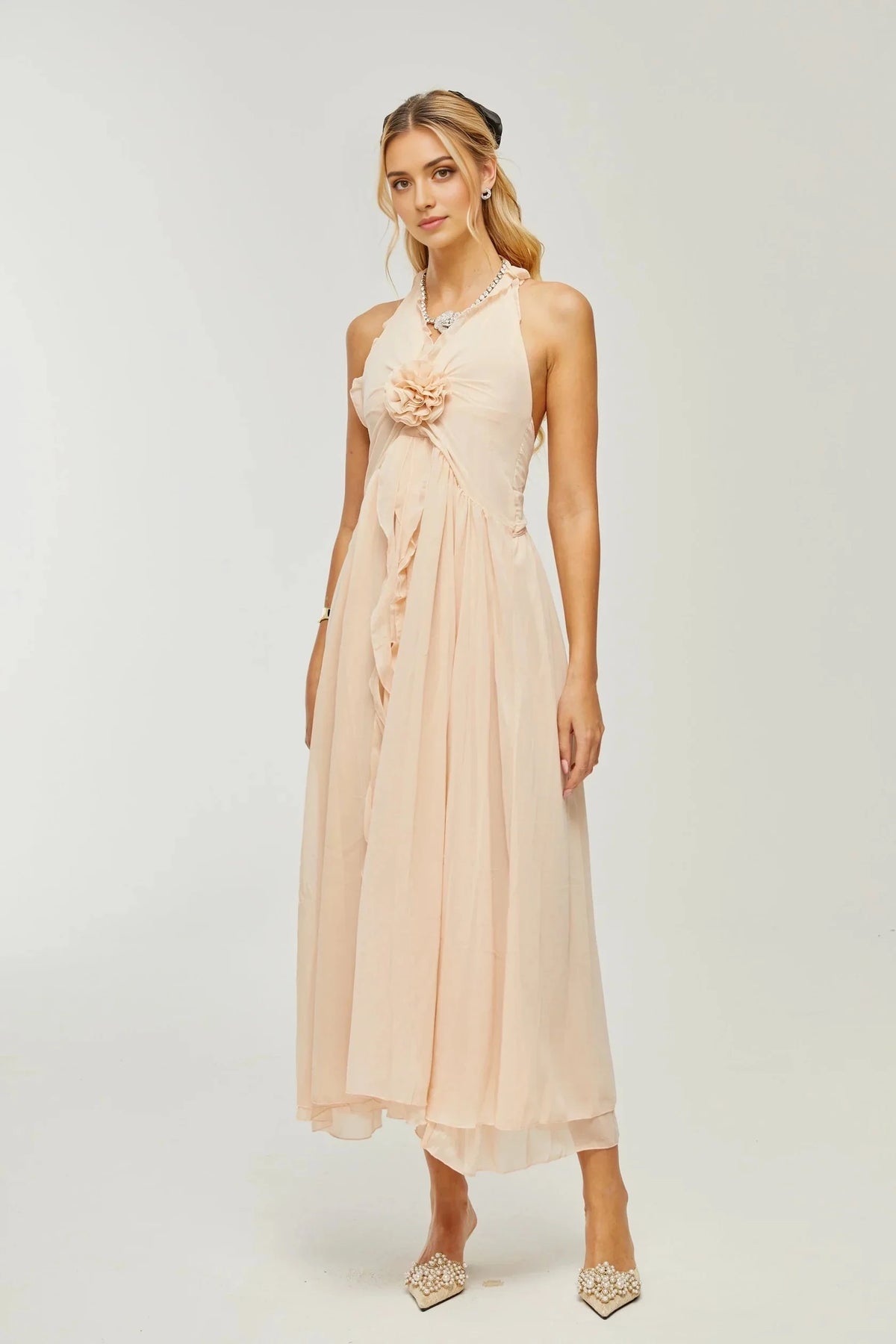 Blush Halter Neck Floral Applique Chiffon Midi Dress ruffled faux-flower maxi dress Evening Dress by YiHuiw