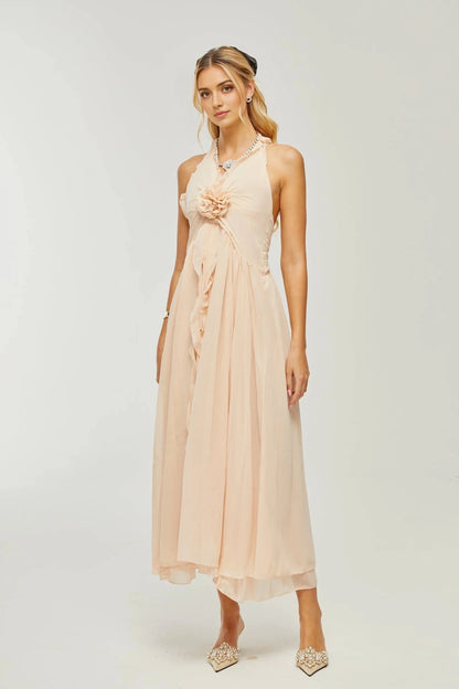 Blush Halter Neck Floral Applique Chiffon Midi Dress ruffled faux-flower maxi dress Evening Dress by YiHuiw