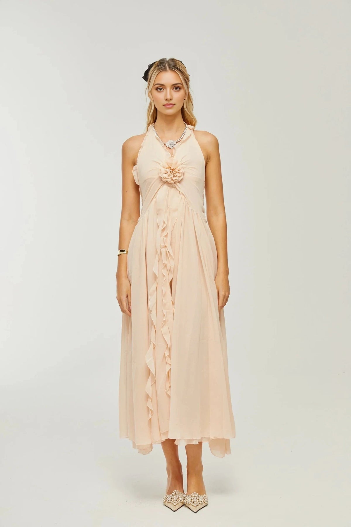 Blush Halter Neck Floral Applique Chiffon Midi Dress ruffled faux-flower maxi dress Evening Dress by YiHuiw