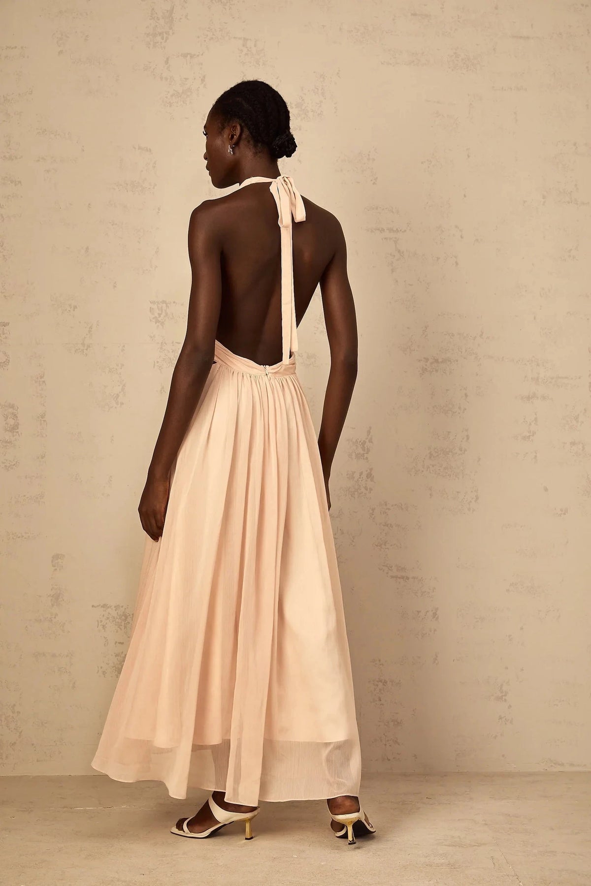 Blush Halter Neck Maxi Dress with Open Back Dulcie Halterneck Shirred Tulle Maxi Dress Evening Dress by YiHuiw