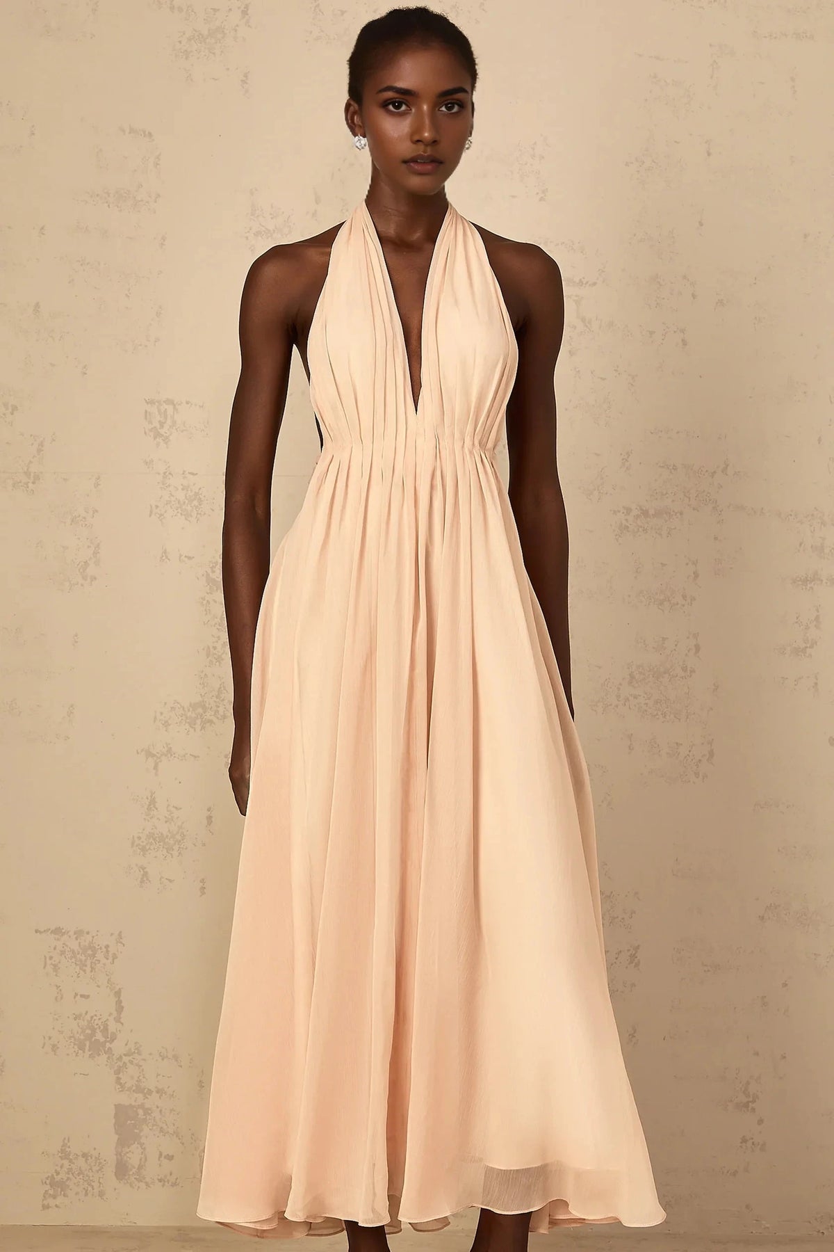 Blush Halter Neck Maxi Dress with Open Back Dulcie Halterneck Shirred Tulle Maxi Dress Evening Dress by YiHuiw