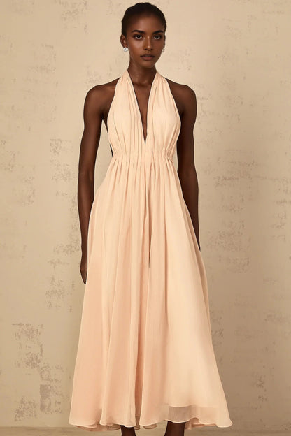 Blush Halter Neck Maxi Dress with Open Back Dulcie Halterneck Shirred Tulle Maxi Dress Evening Dress by YiHuiw