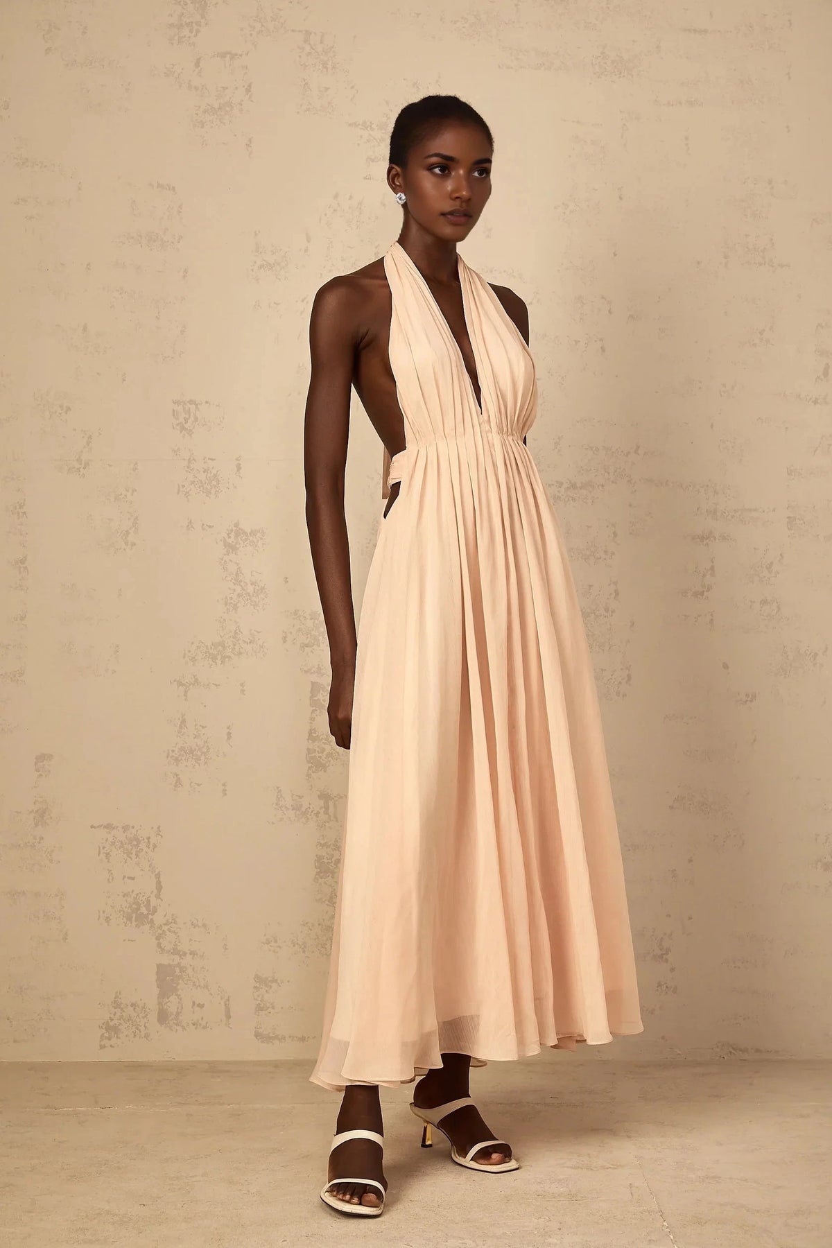 Blush Halter Neck Maxi Dress with Open Back Dulcie Halterneck Shirred Tulle Maxi Dress Evening Dress by YiHuiw