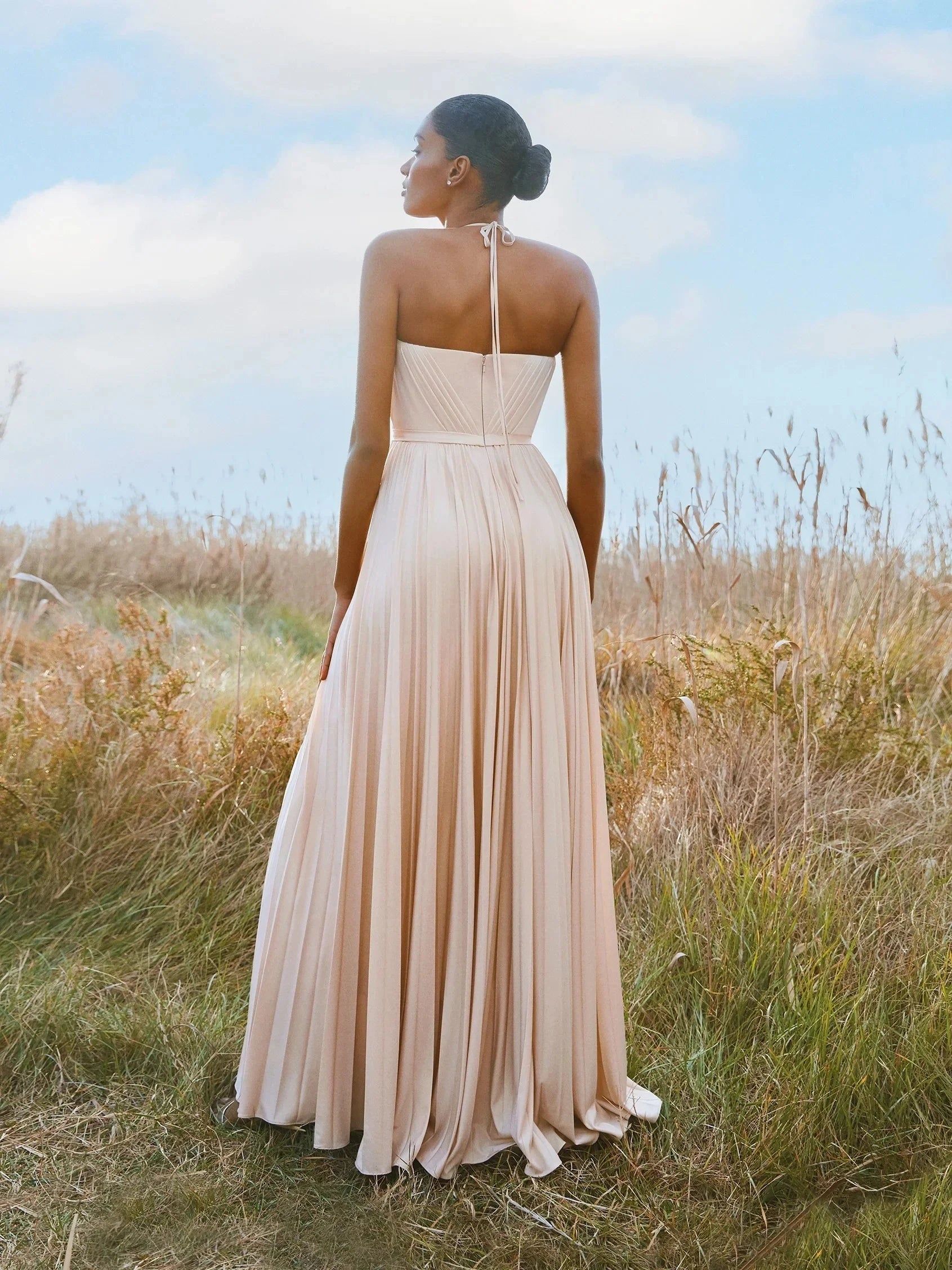 Blush Halter Neck Pleated Maxi Dress Party dress with delicate straps Bridesmaid Dresses by YiHuiw