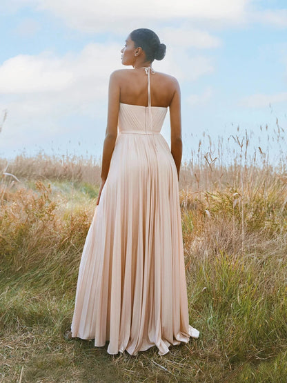 Blush Halter Neck Pleated Maxi Dress Party dress with delicate straps Bridesmaid Dresses by YiHuiw