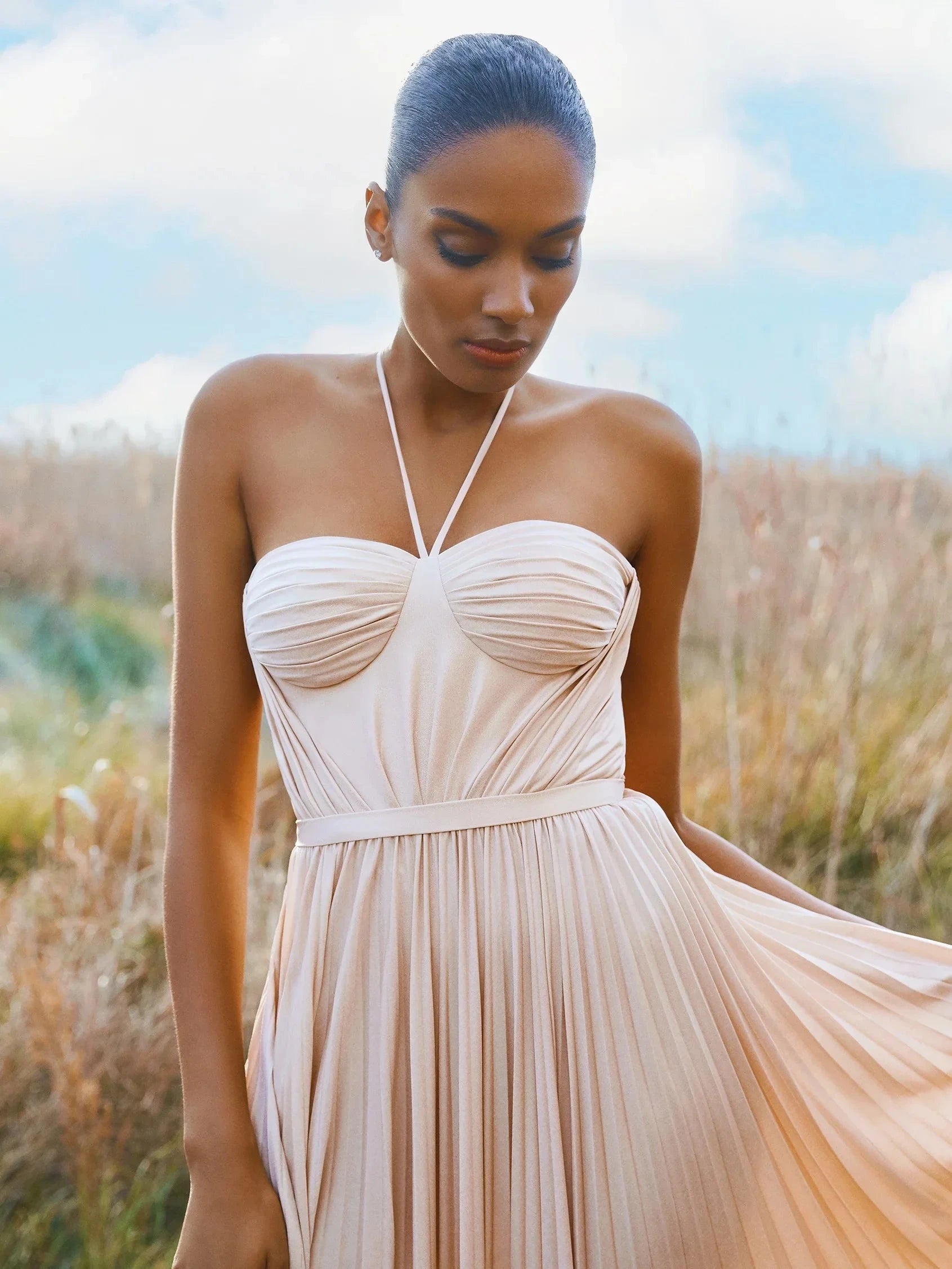 Blush Halter Neck Pleated Maxi Dress Party dress with delicate straps Bridesmaid Dresses by YiHuiw