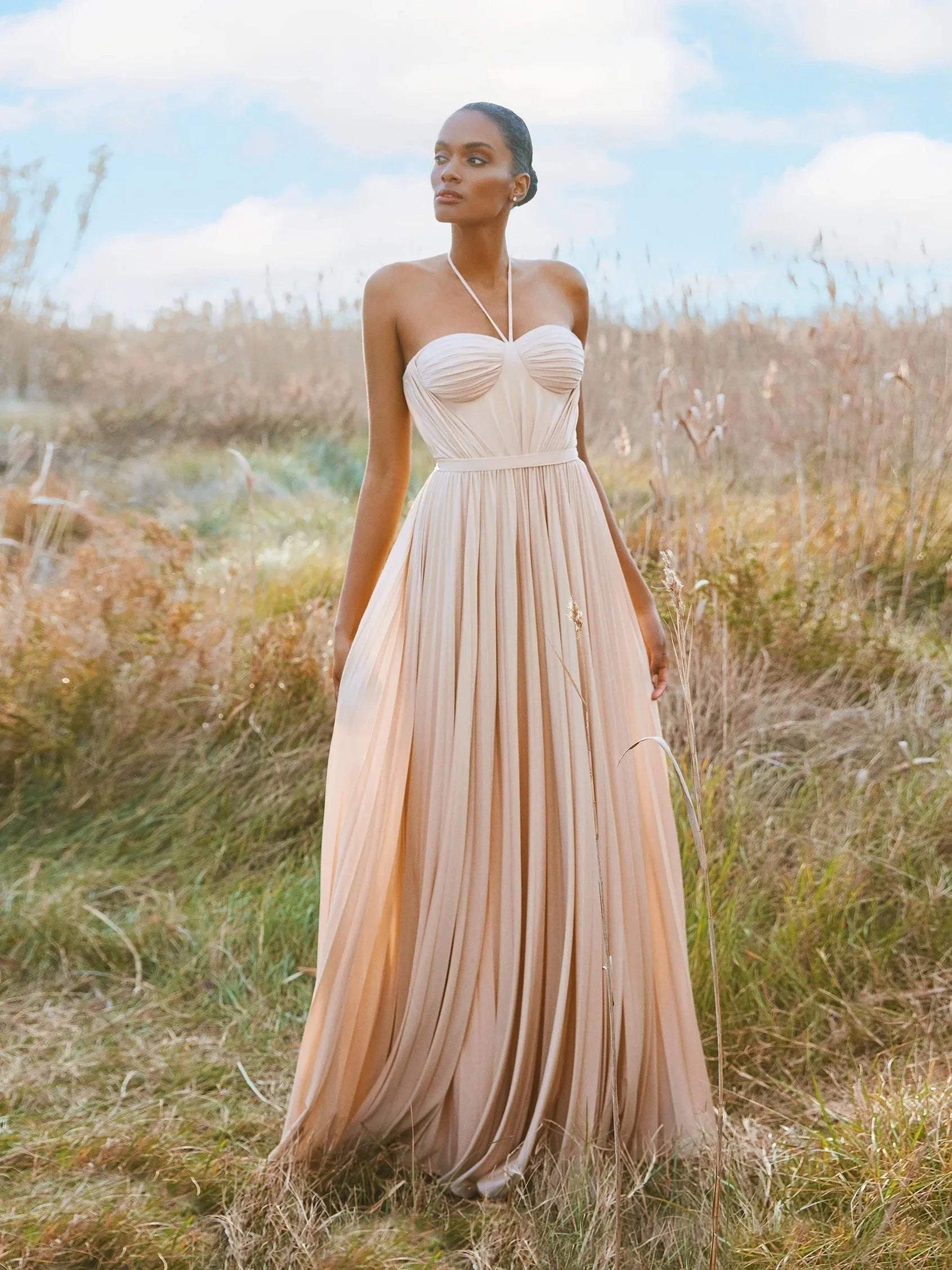 Blush Halter Neck Pleated Maxi Dress Party dress with delicate straps Bridesmaid Dresses by YiHuiw