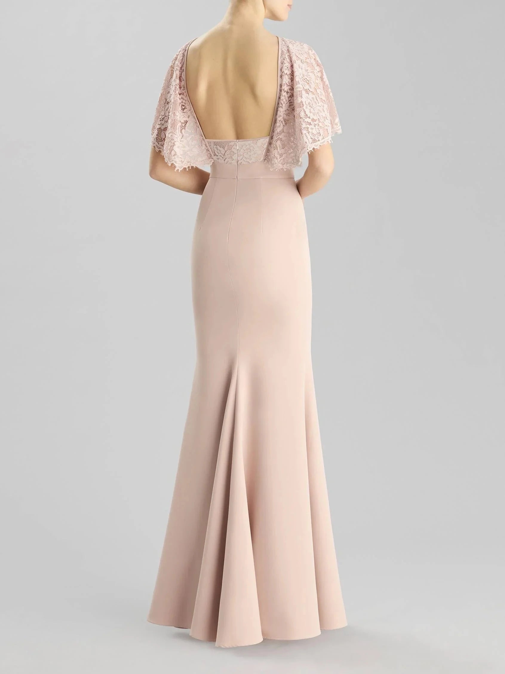 Blush Lace Cape Back Maxi Dress Mermaid party dress in crepe Bridesmaid Dresses by YiHuiw
