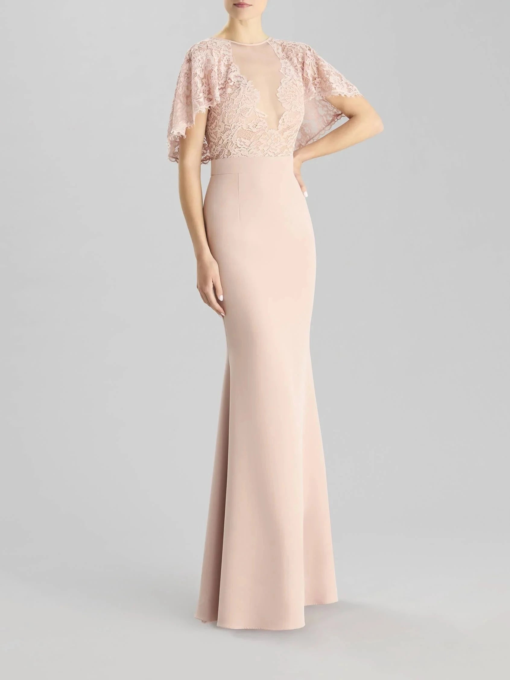 Blush Lace Cape Back Maxi Dress Mermaid party dress in crepe Bridesmaid Dresses by YiHuiw