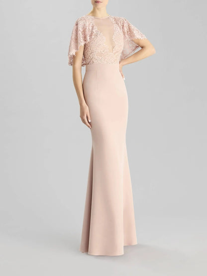 Blush Lace Cape Back Maxi Dress Mermaid party dress in crepe Bridesmaid Dresses by YiHuiw