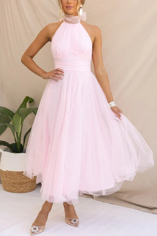 A-Line Halter Tulle Midi Wedding Dress - Yihuiw by Yihuiw