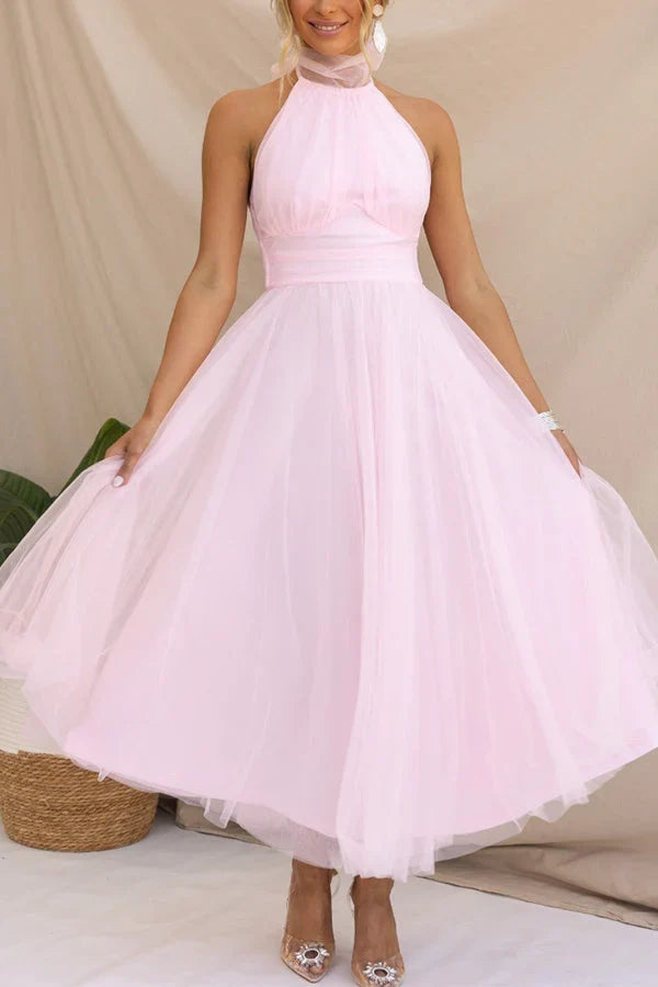 A-Line Halter Tulle Midi Wedding Dress - Yihuiw by Yihuiw