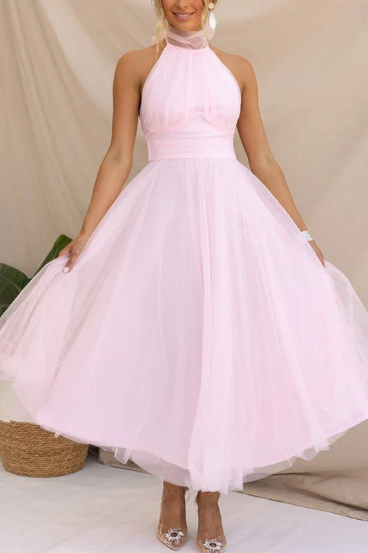 A-Line Halter Tulle Midi Wedding Dress - Yihuiw by Yihuiw