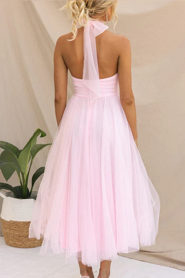 A-Line Halter Tulle Midi Wedding Dress - Yihuiw by Yihuiw