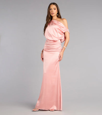 Mermaid Off-Shoulder Satin Draped Floor-Length Wedding Dress - Yihuiw by Yihuiw