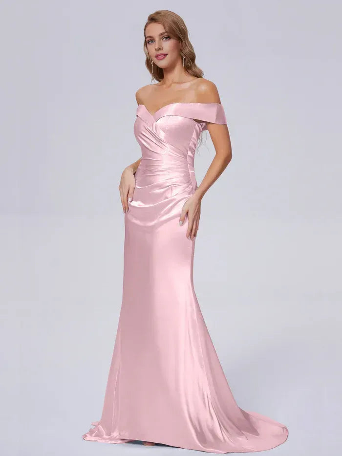 Mermaid Off-Shoulder Satin Train Wedding Dress - Yihuiw by Yihuiw
