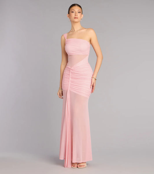Mermaid One-Shoulder Mesh Ruched Floor-Length Wedding Dress - Yihuiw by Yihuiw