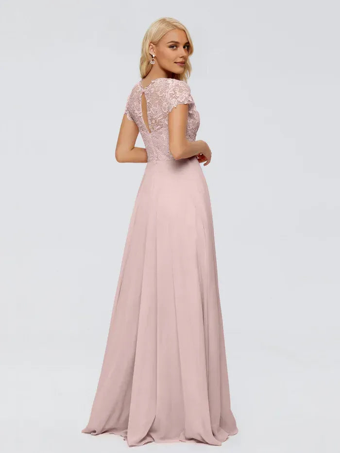 Blush Pink A-Line Lace Cap Sleeve Floor-Length Wedding Dress - Yihuiw by Yihuiw
