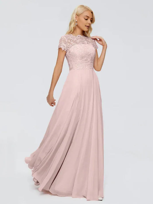 Blush Pink A-Line Lace Cap Sleeve Floor-Length Wedding Dress - Yihuiw by Yihuiw
