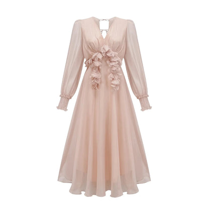 Blush Pink Floral Appliqué Midi Dress with Puff Sleeves Lucie faux-floral embellished midi dress Evening Dress by YiHuiw
