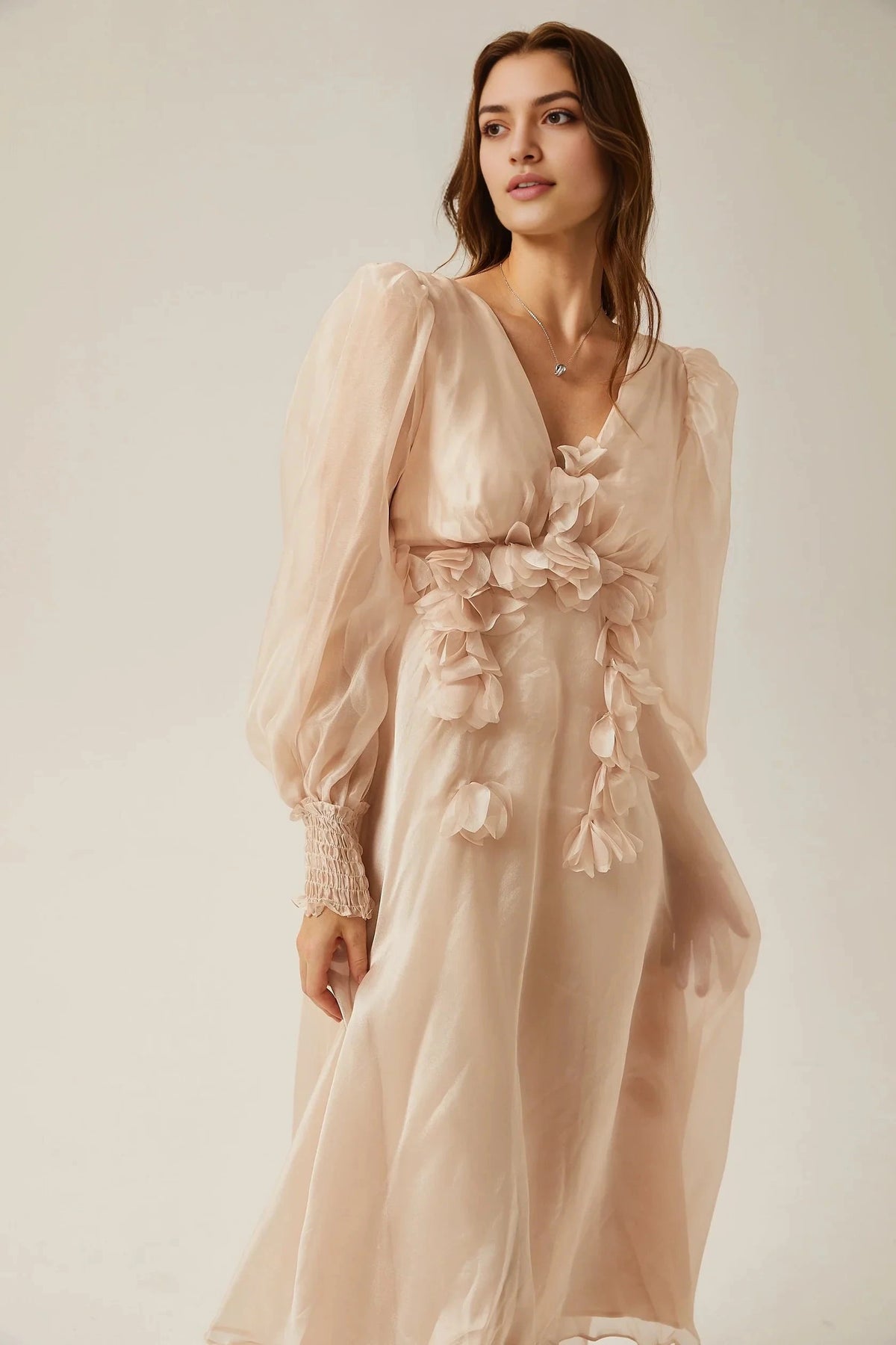 Blush Pink Floral Appliqué Midi Dress with Puff Sleeves Lucie faux-floral embellished midi dress Evening Dress by YiHuiw