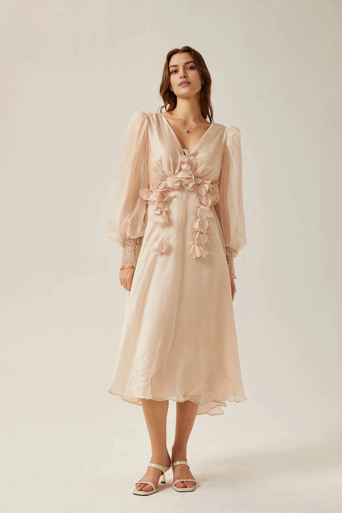 Blush Pink Floral Appliqué Midi Dress with Puff Sleeves Lucie faux-floral embellished midi dress Evening Dress by YiHuiw