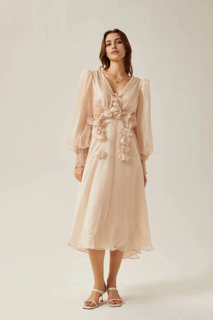Blush Pink Floral Appliqué Midi Dress with Puff Sleeves Lucie faux-floral embellished midi dress Evening Dress by YiHuiw