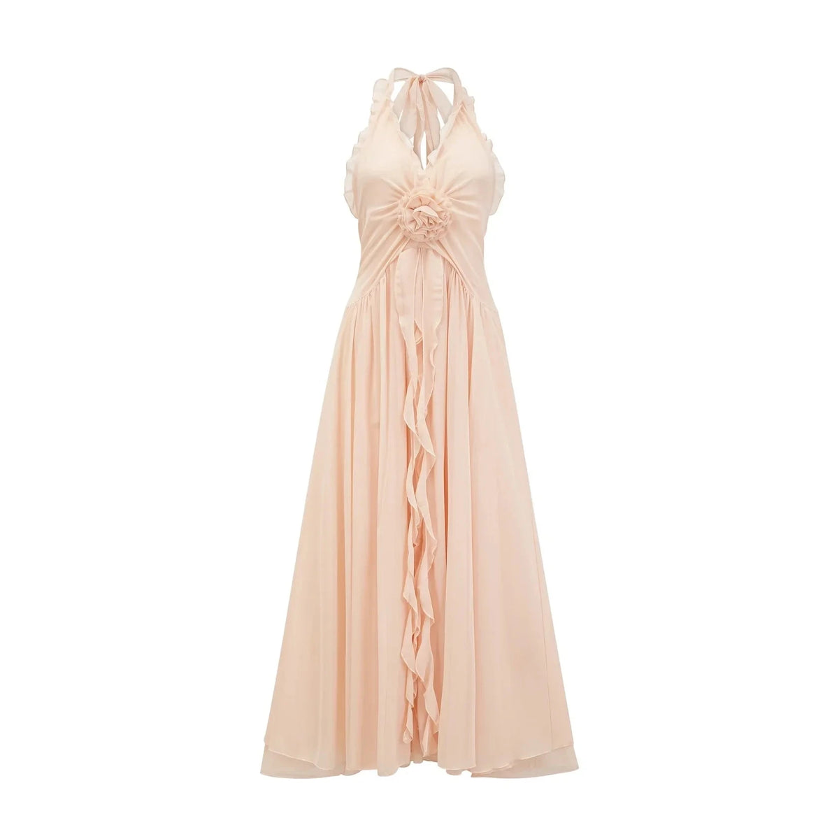 Blush Pink Halter Neck Maxi Dress with Floral Accent and Open Back ruffled faux-flower maxi dress Evening Dress by YiHuiw