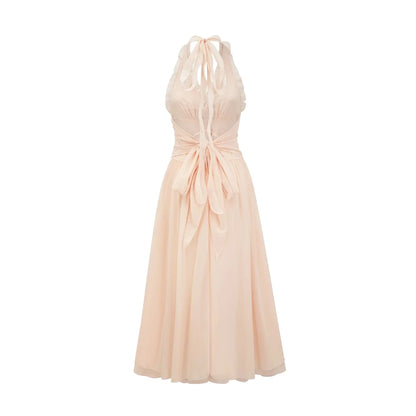 Blush Pink Halter Neck Maxi Dress with Floral Accent and Open Back ruffled faux-flower maxi dress Evening Dress by YiHuiw