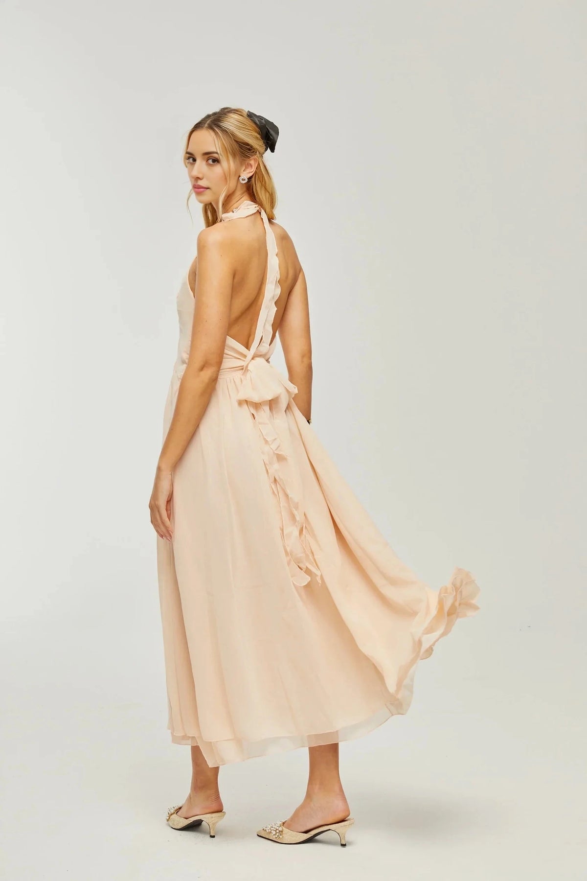 Blush Pink Halter Neck Maxi Dress with Floral Accent and Open Back ruffled faux-flower maxi dress Evening Dress by YiHuiw