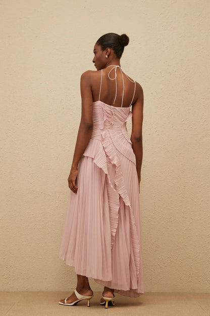 Blush Pink Halter Neck Pleated Midi Dress with Ruffles Pink Ruffled Trim Pleated Midi Dress Evening Dress by YiHuiw