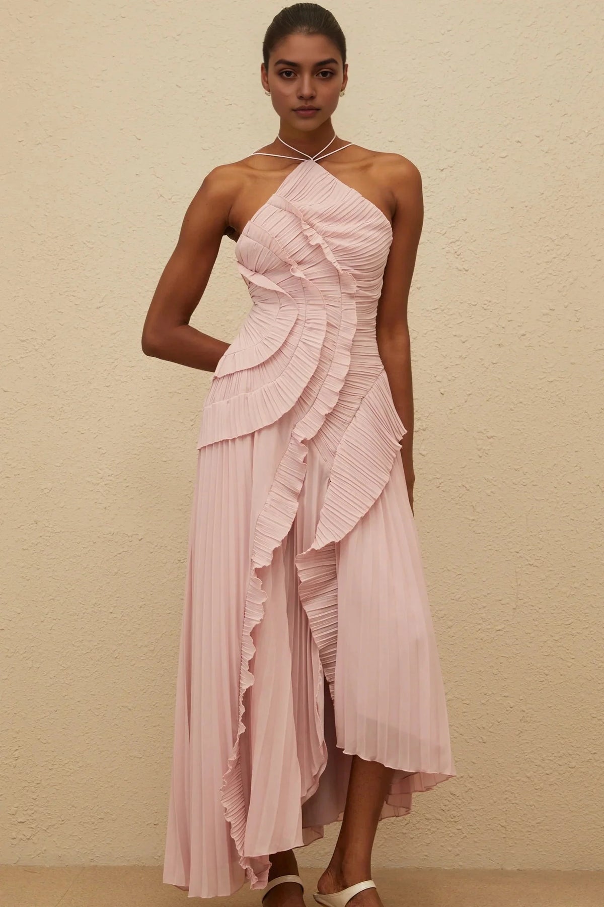 Blush Pink Halter Neck Pleated Midi Dress with Ruffles Pink Ruffled Trim Pleated Midi Dress Evening Dress by YiHuiw