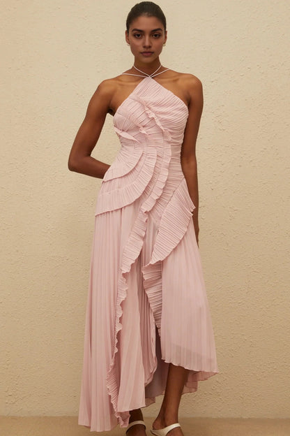 Blush Pink Halter Neck Pleated Midi Dress with Ruffles Pink Ruffled Trim Pleated Midi Dress Evening Dress by YiHuiw