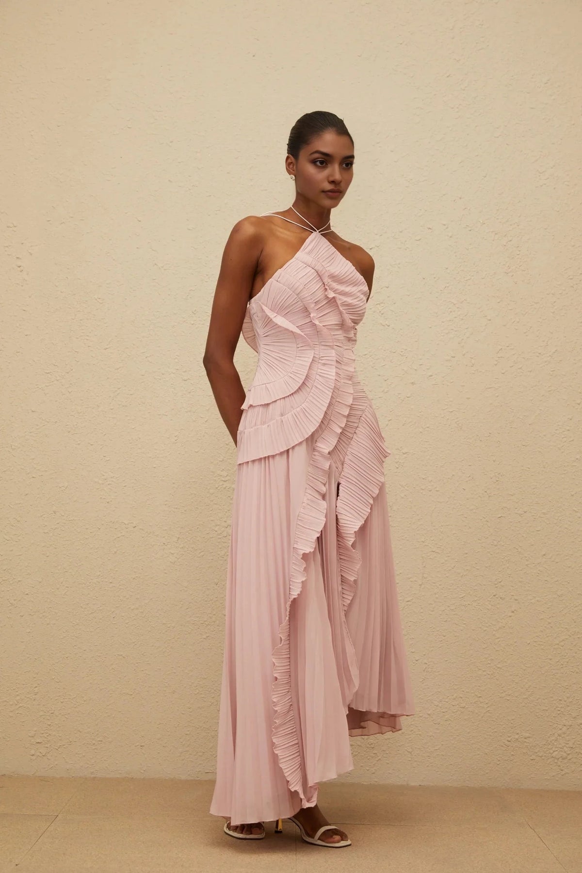 Blush Pink Halter Neck Pleated Midi Dress with Ruffles Pink Ruffled Trim Pleated Midi Dress Evening Dress by YiHuiw