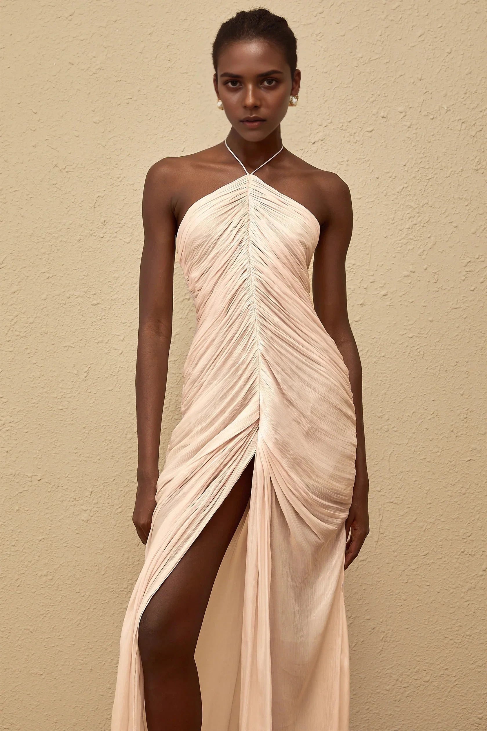 Blush Pink Halter Neck Ruched Maxi Dress Pink Halterneck Ruched Maxi Dress Evening Dress by YiHuiw