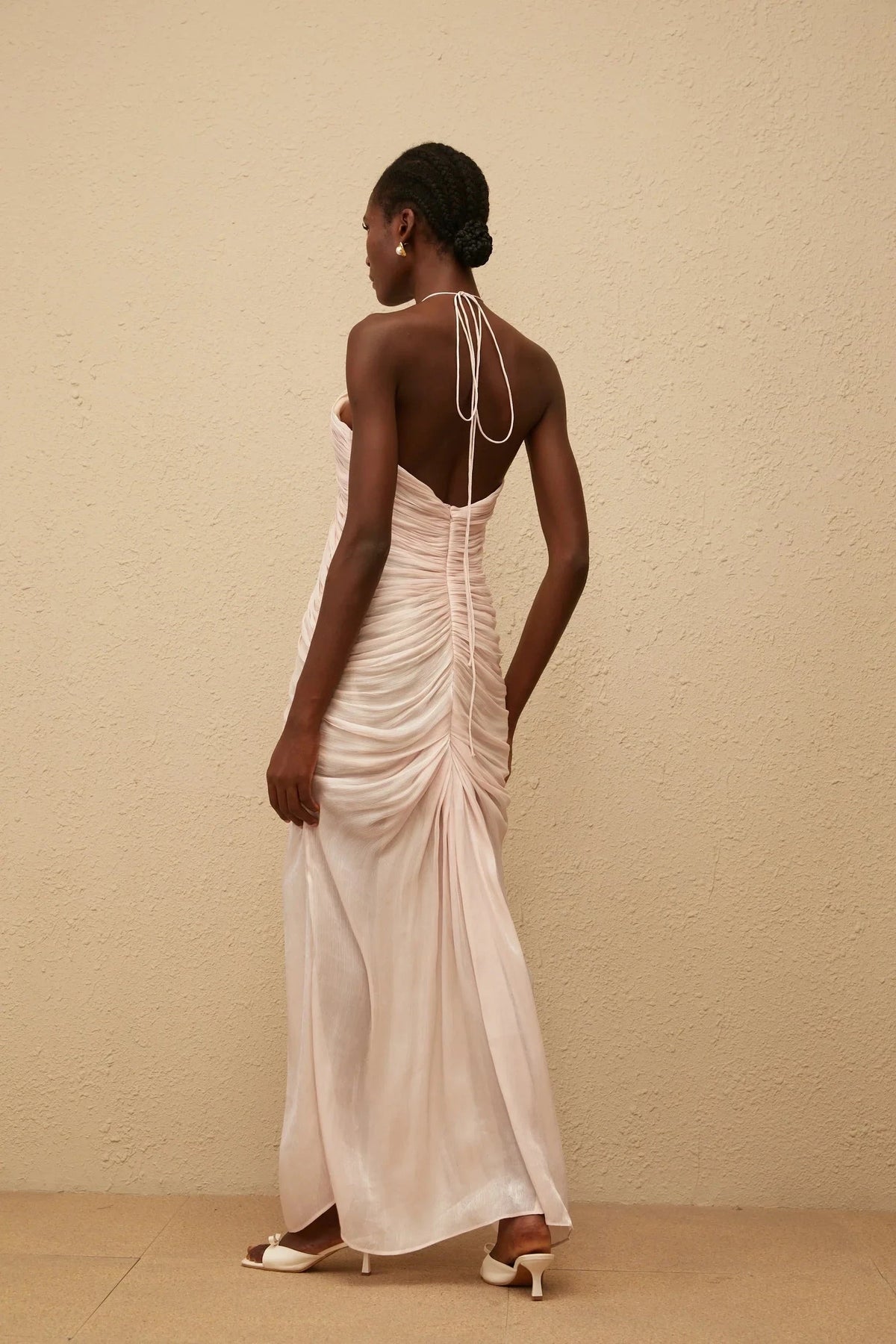 Blush Pink Halter Neck Ruched Maxi Dress Pink Halterneck Ruched Maxi Dress Evening Dress by YiHuiw