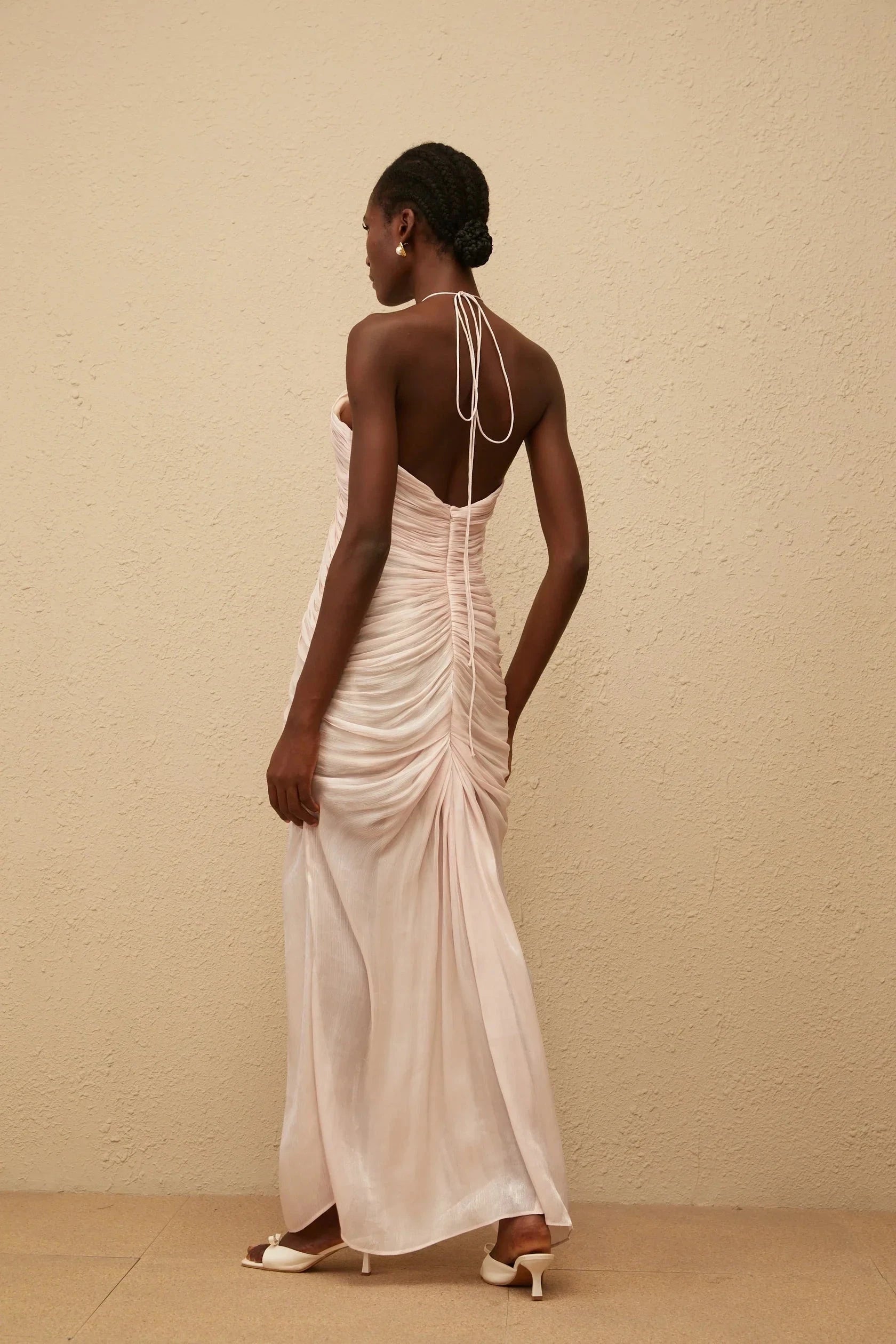 Blush Pink Halter Neck Ruched Maxi Dress Pink Halterneck Ruched Maxi Dress Evening Dress by YiHuiw