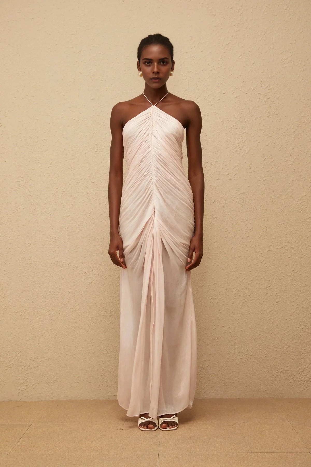 Blush Pink Halter Neck Ruched Maxi Dress Pink Halterneck Ruched Maxi Dress Evening Dress by YiHuiw