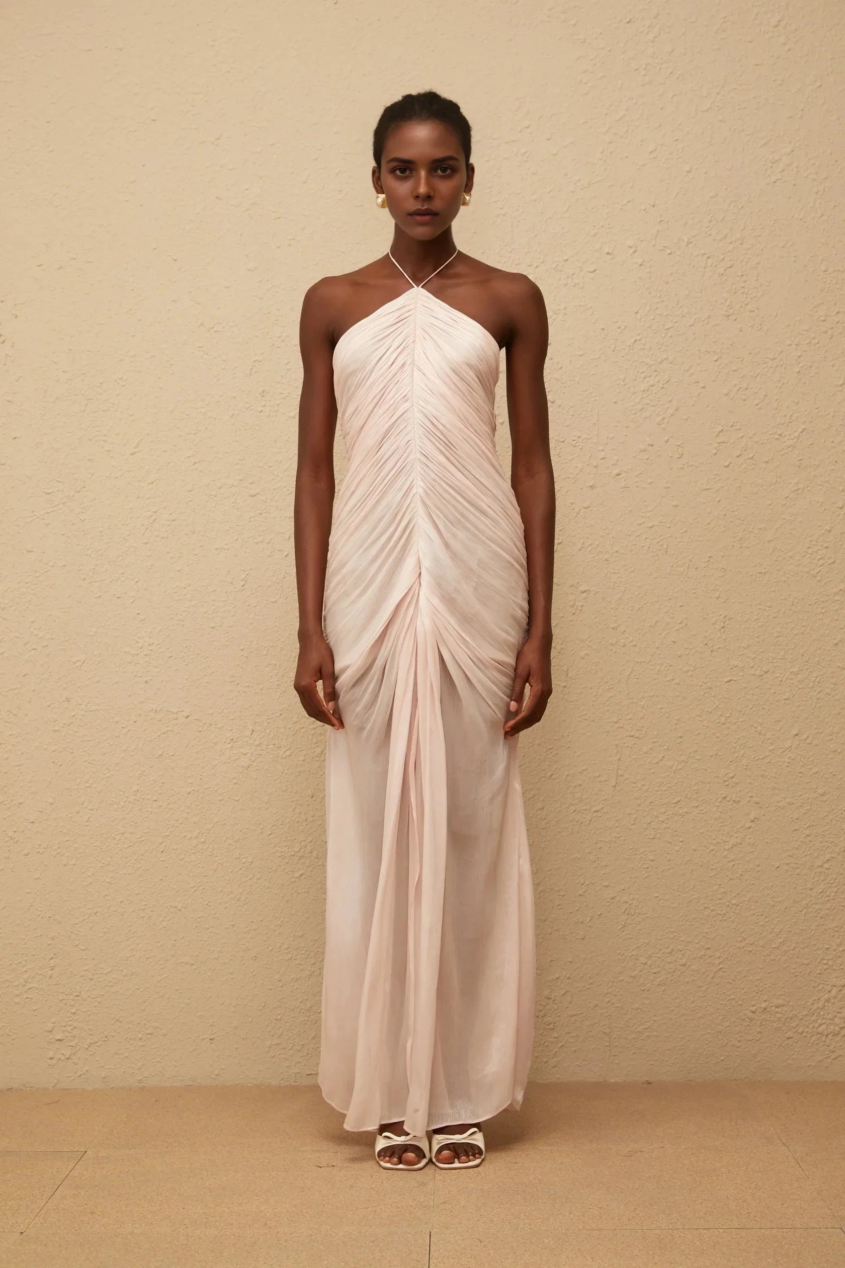 Blush Pink Halter Neck Ruched Maxi Dress Pink Halterneck Ruched Maxi Dress Evening Dress by YiHuiw