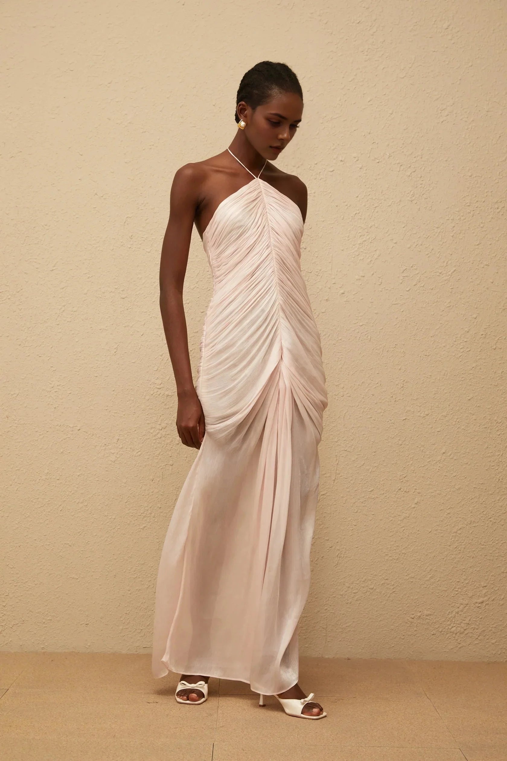 Blush Pink Halter Neck Ruched Maxi Dress Pink Halterneck Ruched Maxi Dress Evening Dress by YiHuiw