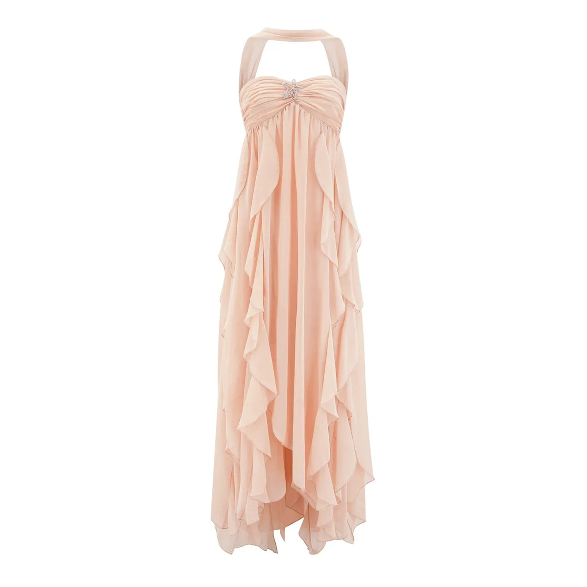 Blush Pink Halter Neck Ruffled Maxi Dress with Embellishment Mariah Pink Chiffon Ruffle Halterneck Maxi Dress Evening Dress by YiHuiw