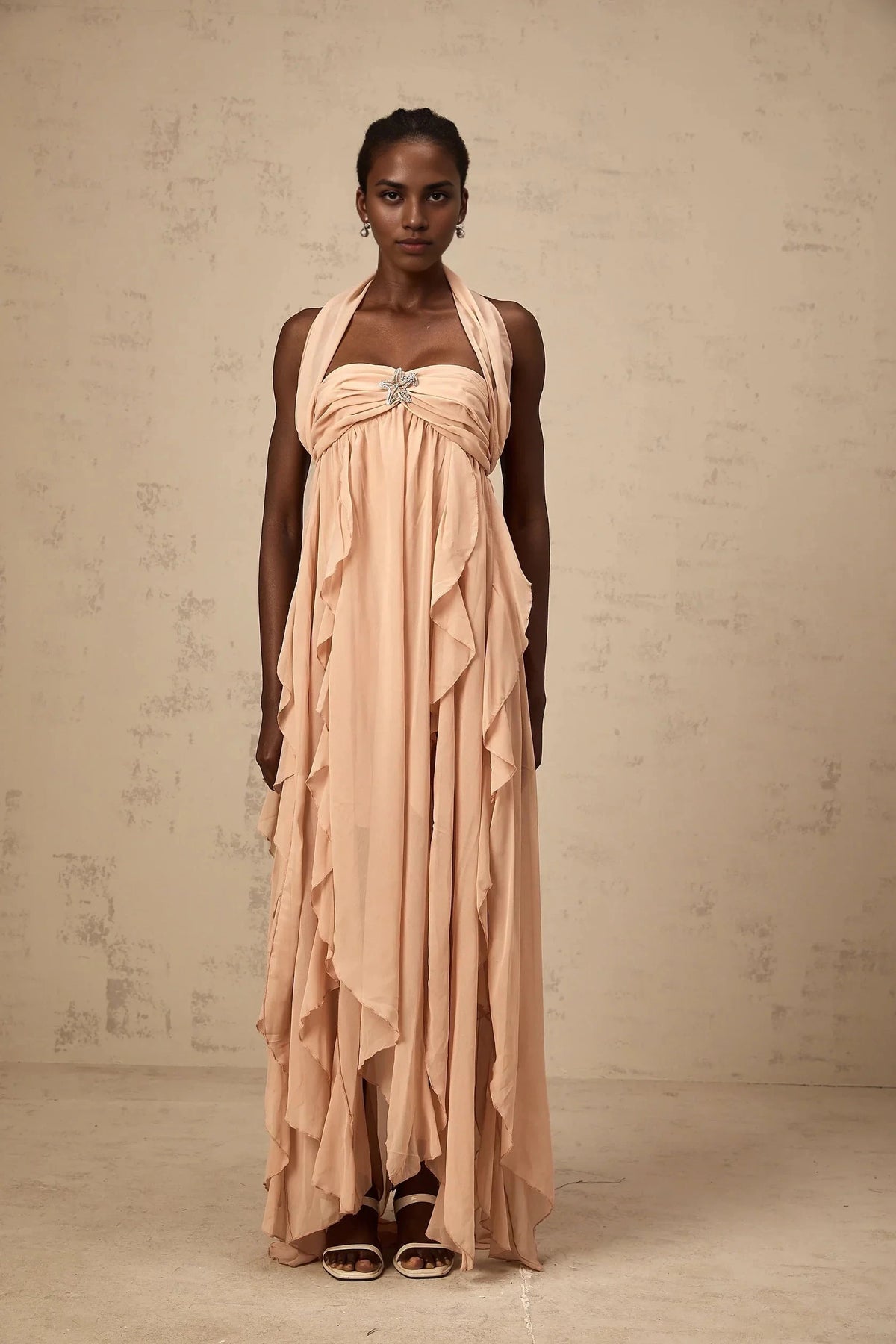 Blush Pink Halter Neck Ruffled Maxi Dress with Embellishment Mariah Pink Chiffon Ruffle Halterneck Maxi Dress Evening Dress by YiHuiw