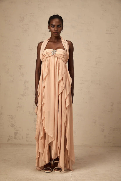 Blush Pink Halter Neck Ruffled Maxi Dress with Embellishment Mariah Pink Chiffon Ruffle Halterneck Maxi Dress Evening Dress by YiHuiw