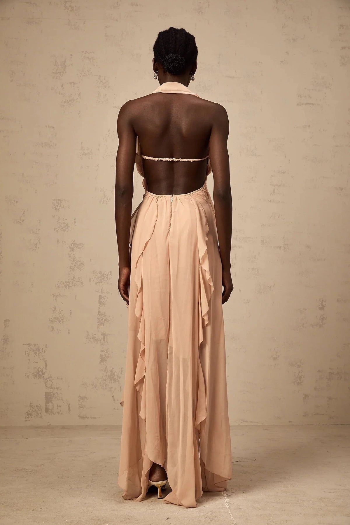 Blush Pink Halter Neck Ruffled Maxi Dress with Embellishment Mariah Pink Chiffon Ruffle Halterneck Maxi Dress Evening Dress by YiHuiw