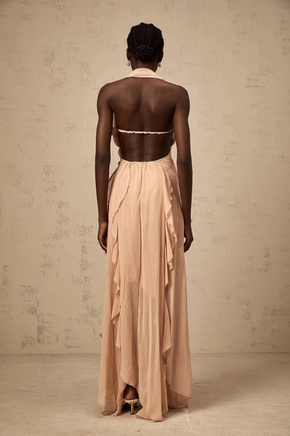 Blush Pink Halter Neck Ruffled Maxi Dress with Embellishment Mariah Pink Chiffon Ruffle Halterneck Maxi Dress Evening Dress by YiHuiw
